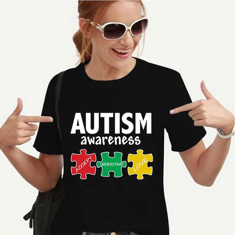 여성용 캐주얼 티셔츠, 카와이 의류, 자폐증 인식 지지대 퍼즐 프린트, 편안한 캐주얼 여성 의류, 블랙 탑